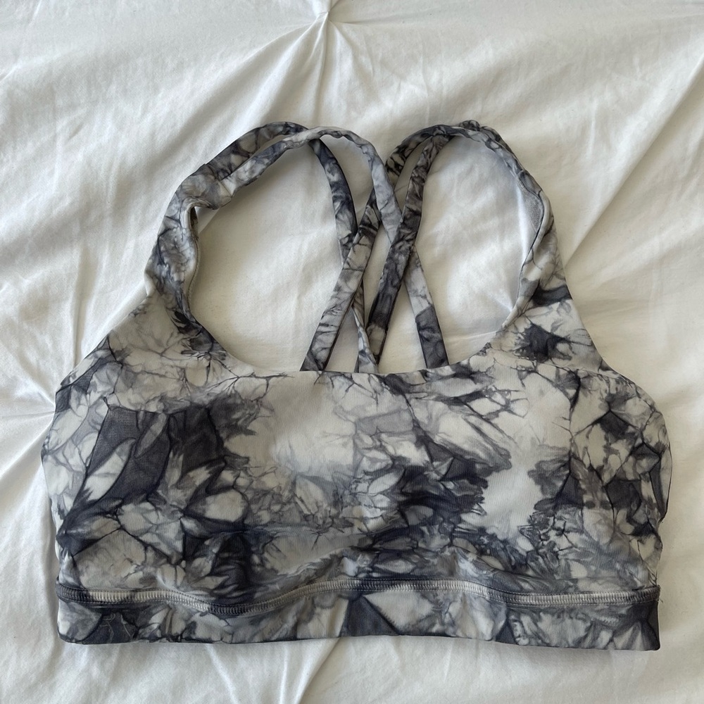 Lululemon white and gray tie die “energy” sports bra size 6
